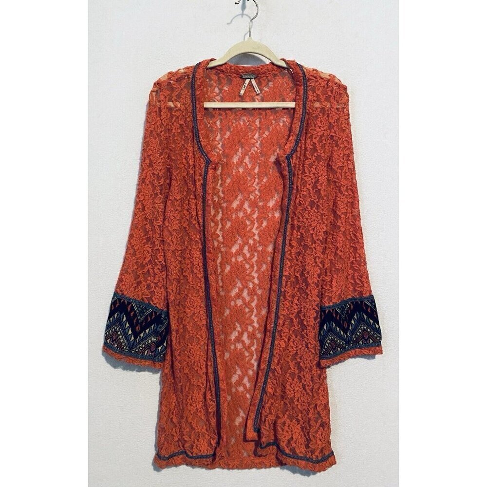 Gimmicks by BKE Cardigan Womens XL Coral Orange Lace Open Front Aztec Trim Boho